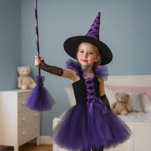 Disfraz de bruja con escoba para niños