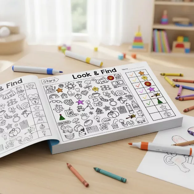 coloring book, look and find book, seek and find book