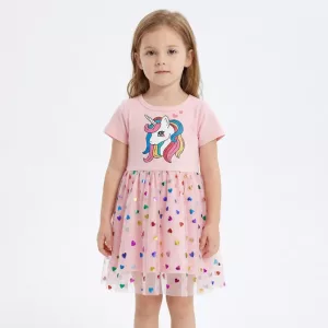 Vestido Corto de Algodón con Manga Corta y Unicornio para Niñas
