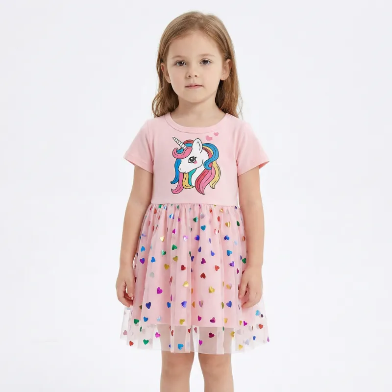Vestido Corto de Algodón con Manga Corta y Unicornio para Niñas