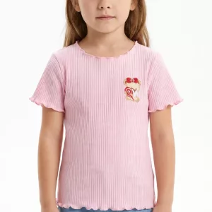 Bonita camiseta de verano de algodón con dobladillo ondulado para niñas